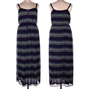 GAP Navy Blue Red White Multi Striped Sleeveless Tie Waist Blouson Maxi Dress M
